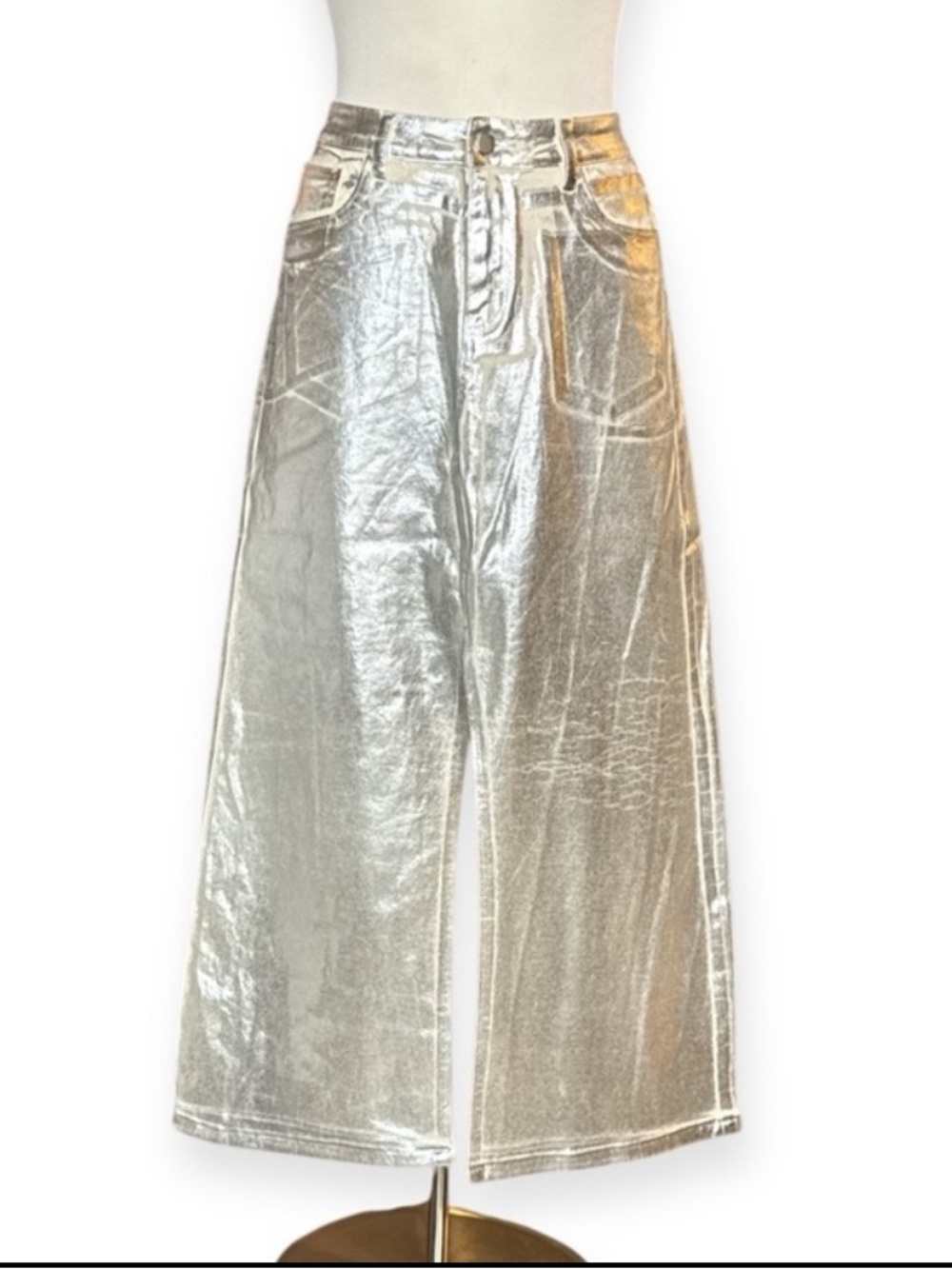 ELEVEN22 SILVER METTALIC COATED DENIM MAXI SKIRT HIGH SLIT Y2K FUTURISTIC GLAM - Picture 4 of 12